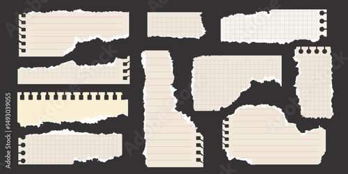 Set of old torn notebook paper pieces. Ripped paper strips. Realistic notepad sheets, scraps of notebook page, with torn edges. Vector design template in aged style.