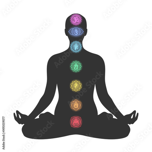 Lotus pose person and chakra symbols energy balance within the body vector illustration for wellness projects yoga studios meditation guides holistic practices posters infographics