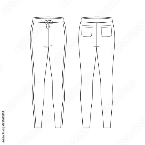 Leggings technical sketch front and back view line vector illustration editable stroke for technical specifications fashion illustrations garment presentations design projects