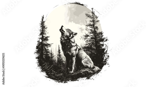 Hand-drawn Wolf and Moon, Vintage Nature Scene, Rustic Animal Design, Black Sketch Effect, Winter Wildlife Illustration, Engraved Wilderness Art, Old Engraving Style, Nature Wall Print