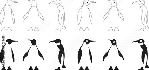 penguin vector icon flat and line set. ice Penguins birds collection.