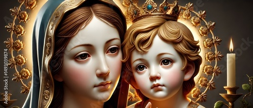 Closeup of Mother Mary with Baby Jesus A Divine Embrace