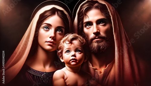 Closeup Portrait of Baby Jesus with Mother Mary and Father Joseph