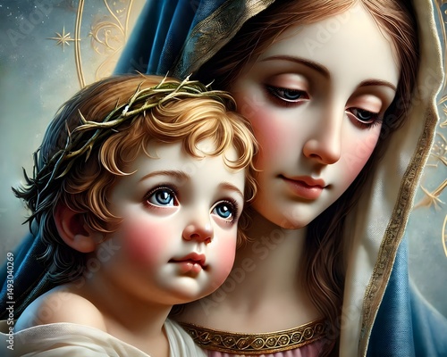 Closeup View of Baby Jesus with Mother Mary A Portrait of Divine Love