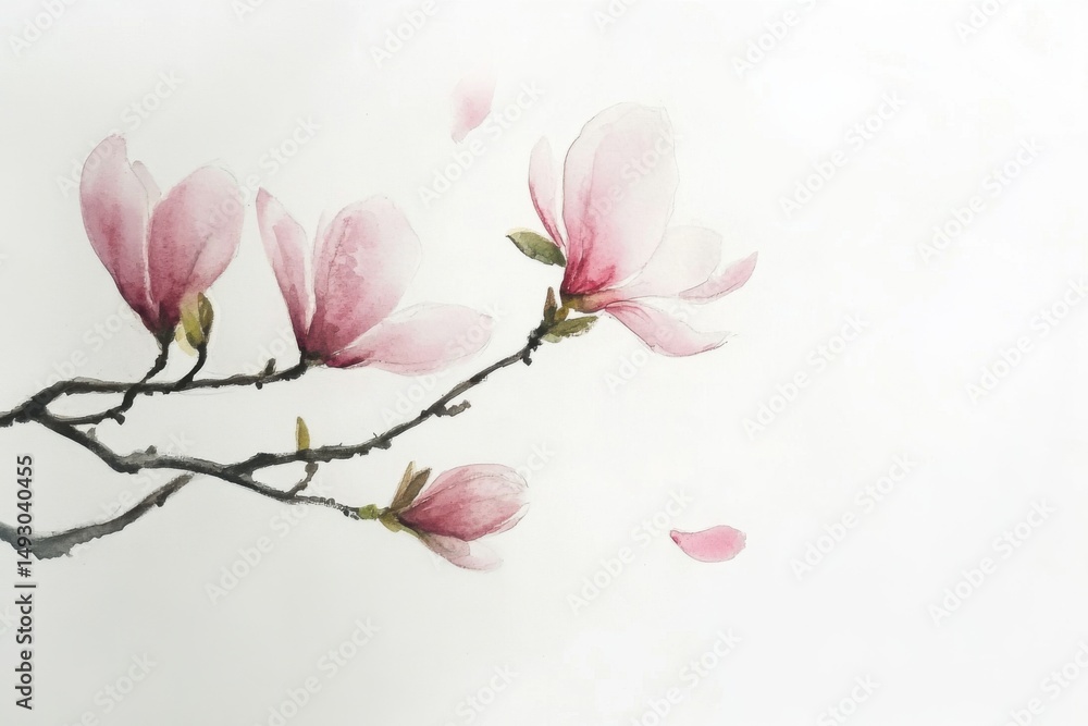 Obraz premium Watercolor Painting of Pink Magnolia Flowers on Branch with Falling Petals Delicate Floral Art on White Background