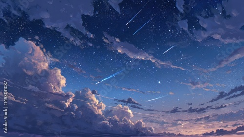 Fototapeta Naklejka Na Ścianę i Meble -  A stunning image of serene sky view, full of stars with meteors falling, in an anime art style.