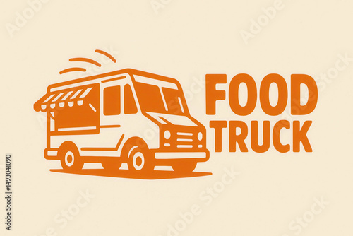 Vibrant orange food truck icon with awning and bold text design