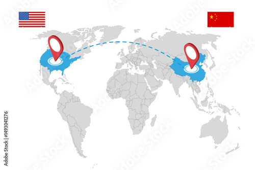 Isometric showing rising US import tariffs, affecting global logistics with plane, cargo ship, truck, and map route symbolising Import tariffs, trade war and economic conflict