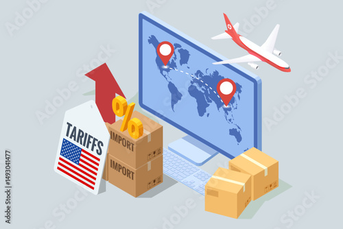 Isometric showing rising US import tariffs, affecting global logistics with plane, cargo ship, truck, and map route symbolising Import tariffs, trade war and economic conflict
