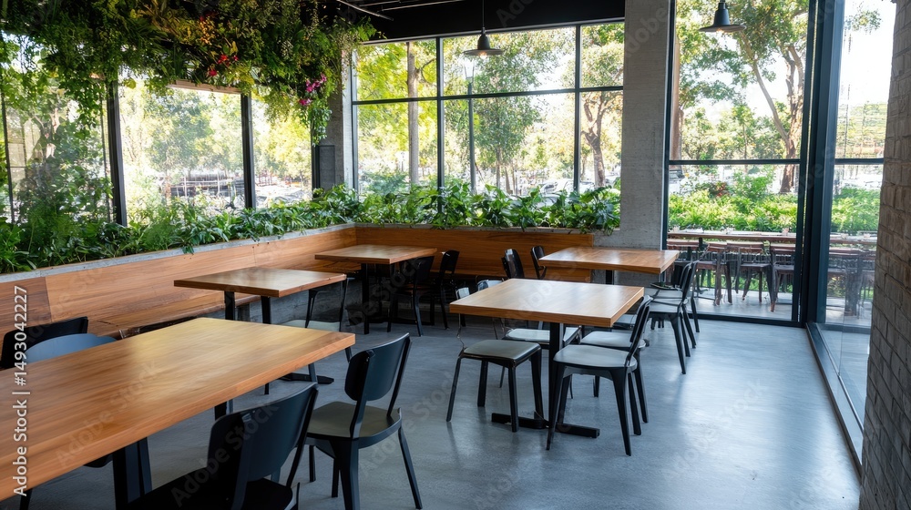 Fototapeta premium Restaurant interior with plants and large windows