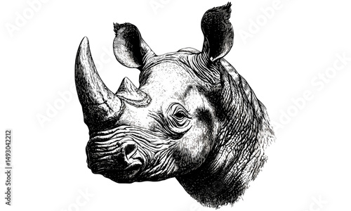Rhino Head Antique Drawing, Hand-etched Vintage Style, Rustic Wildlife Sketch, Black Ink Illustration, Safari Animal Art, Trendy Wall Decor, Natural Wildlife Design, Old Engraving Style,