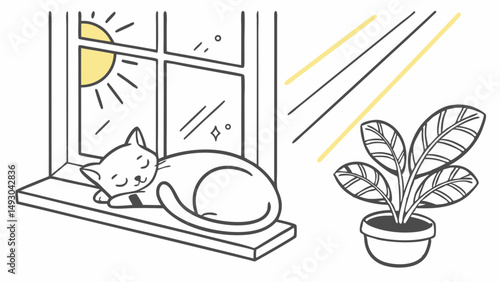 Sleeping Cat on Window Sill – Minimal Flat Vector