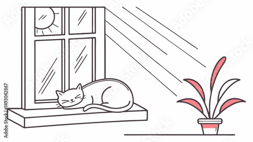 Sleeping Cat on Window Sill – Minimal Flat Vector