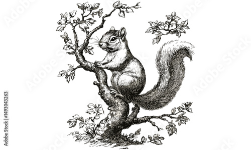 Vintage Line Drawing, Nature Animal Engraving, Hand-etched Squirrel in Tree, Woodland Print, Rustic Wildlife Decor, Detailed Engraving Illustration, forest animal sketch, antique style art