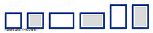 Set of six blue photo frames in various orientations and aspect ratios, isolated on white background with soft shadows.