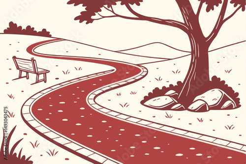 75 red gravel path, winding road, curved path, pebble pathway, inviting journey, scenic landscape, tranquil atmosphere, natural elements, outdoor setting, captivating perspective