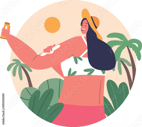 Happy woman applying sunscreen cream