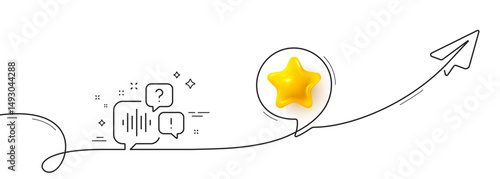 Voicemail line icon. Continuous line with share plane. Audio message sign. Listen music symbol. 3d star in speech bubble. Voicemail single line ribbon. Loop curve pattern. Vector
