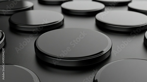 Close-up of many black, round, polished discs