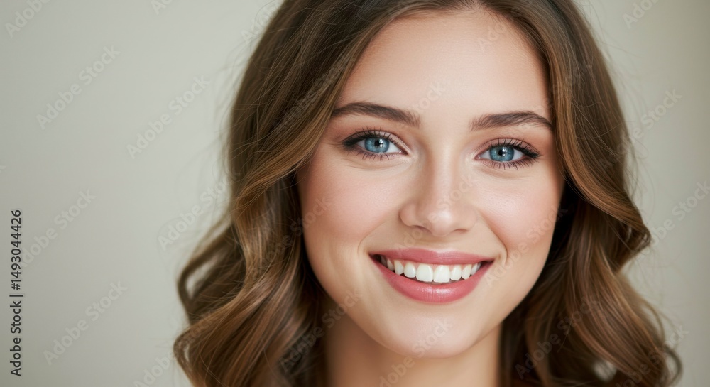 A close-up portrait of a young woman with light brown wavy hair and bright blue eyes, showcasing a radiant smile and flawless complexion A close-up portrait of a young woman with light brown wavy hair and bright blue eyes, showcasing a radiant smile and flawless complexion