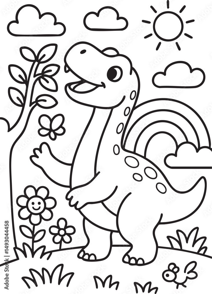 Obraz premium Cute Cartoon Dinosaurs in Prehistoric Landscape for Coloring Book