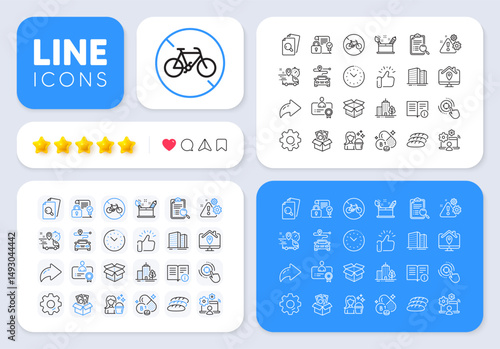 Search analysis, Journey and Seo target line icons for web app. Message, Share, Like social media icons. Pack of Skyscraper buildings, Certificate, Time management pictogram icons. Vector