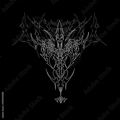 Neo-tribal symmetrical sigilism in abstract white form on a black background for t-shirt and poster prints.

