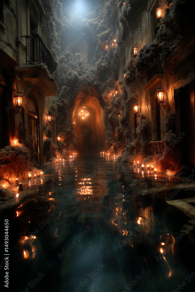 Obraz premium Submerged gothic village beneath black ocean waves, streetlamps still glowing under water, drowned villagers float midair as if frozen in time