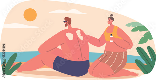Couple tourist applying sunscreen vector illustration