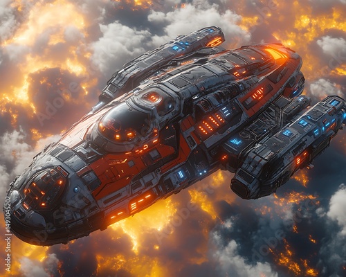Futuristic spaceship amidst fiery clouds