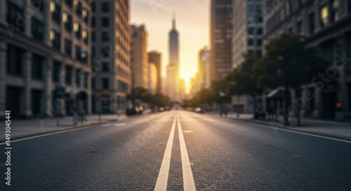 City street at sunrise, with blurred buildings and a clear road