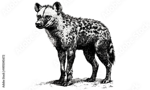 Hyena standing in profile, vintage African wildlife, hand-drawn safari animal, black sketch effect, monochrome etching, rustic animal art, old engraving style, nature illustration