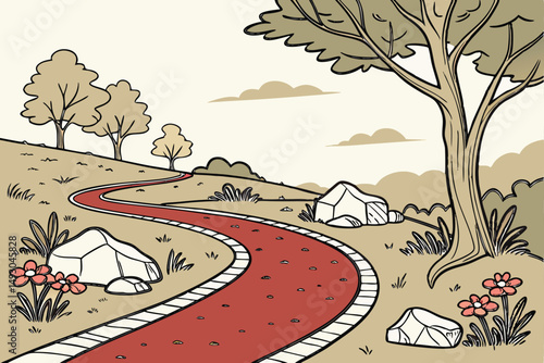 75 red gravel path, winding road, curved path, pebble pathway, inviting journey, scenic landscape, tranquil atmosphere, natural elements, outdoor setting, captivating perspective