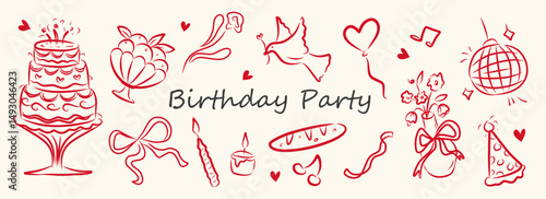Set of whimsical hand-drawn birthday party food and ribbon illustration in trendy vintage style. Perfect for quirky wedding holiday, dinner and bar menu, bachelorette party, birthday invitation, sign.