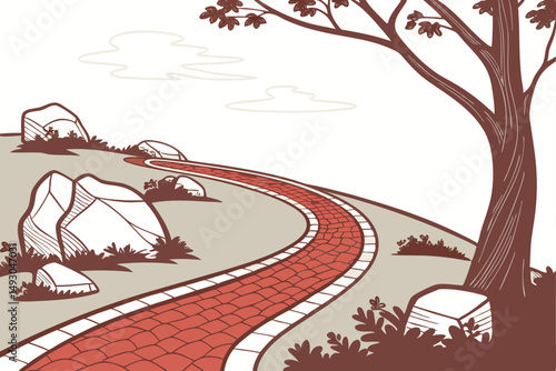 75 red gravel path, winding road, curved path, pebble pathway, inviting journey, scenic landscape, tranquil atmosphere, natural elements, outdoor setting, captivating perspective