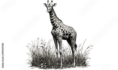 Intricate Giraffe Engraving, Wild Animal Line Drawing, Vintage Safari Fauna Etching, Monochrome Rustic Nature Illustration, Black Sketch, Old Engraving Style, Wildlife Art