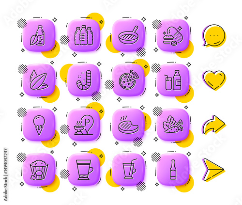Grilled steak, Ice cream and Milk line icons. App 3d buttons. Social media comment, share, like icons. Pack of Water bottles, Grill place, Pizza icon. Vegetables, Popcorn, Coffee cup pictogram. Vector