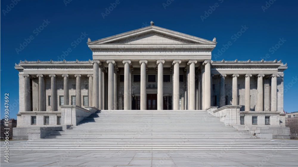 Obraz premium A stunning image of symmetrical grand neoclassical building with tall columns and wide stone steps against a clear blue sky, evoking a sense of strength and tranquility.
