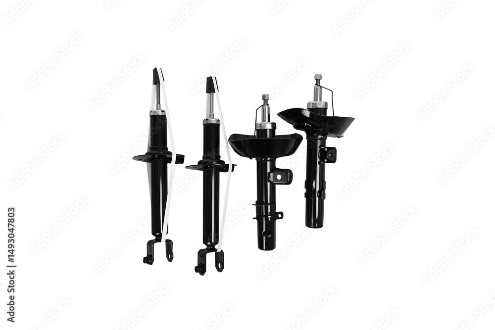 Fototapeta premium Car Shock Absorber or Suspension Struts without coilover, Four black car shock absorber are displayed against a bright white background include clipping path.