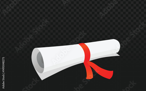 Vector graphic of a rolled diploma or certificate tied with a red ribbon. Isolated object perfect for education, graduation, achievement, award, or design projects.