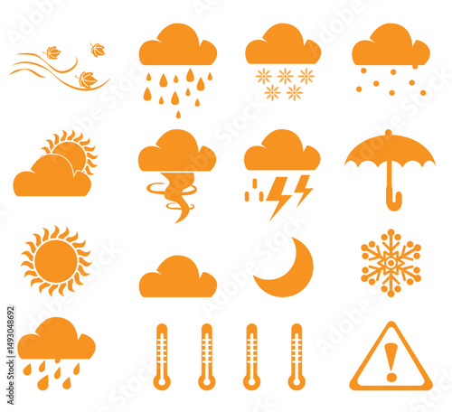 collection of sixteen orange silhouette icons representing various weather conditions and related elements.