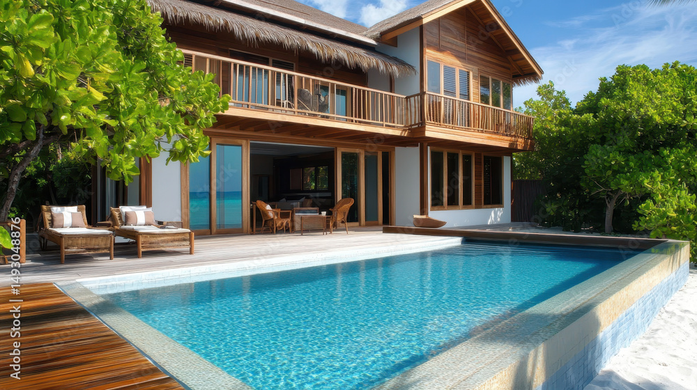 Fototapeta premium Luxury Retreat: The image depicts a stunning resort villa with a private pool. The villa offers luxurious amenities, including a wooden deck.