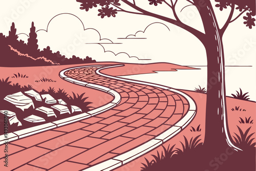 75 red gravel path, winding road, curved path, pebble pathway, inviting journey, scenic landscape, tranquil atmosphere, natural elements, outdoor setting, captivating perspective
