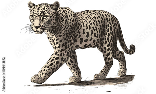 Leopard Walking Stealthily, Vintage Wild Cat Drawing, Monochrome Safari Animal Art, Detailed Line Illustration, Rustic Wildlife Print, Nature Wall Decor, Black Sketch, engraving style, trendy,