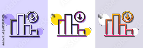 Decreasing graph line icon. Halftone dotted pattern. Gradient icon with grain shadow. Column chart sign. Crisis diagram symbol. Line decreasing graph icon. Various designs. Vector