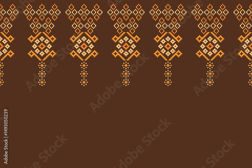 Fabric pattern traditional ethnic motif ikat geometric cross stitch.Ikat embroidery Ethnic oriental Pixel brown color label background. Abstract,vector. Texture,decoration,wallpaper.