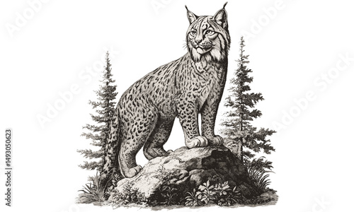 Old Engraving Style, Monochrome Nature Line Drawing, Lynx in Forest, Rustic Wildlife Etching, Hand-drawn Wild Cat Print, Vintage Animal Art, detailed lynx sketch,