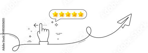 Touchscreen gesture line icon. Continuous line with share plane. Slide left arrow sign. Swipe action symbol. Five star rate review in speech bubble. Touchscreen gesture single line ribbon. Vector