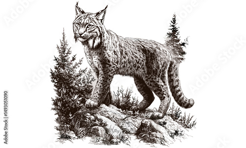 Lynx in Forest, Rustic Animal Illustration, Monochrome Nature Line Drawing, Old Engraving Style, Hand-drawn Wildlife Print, Black Sketch, Vintage Wild Cat Art, woodland animal art,
