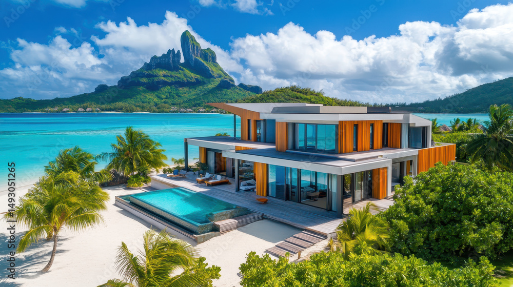 Fototapeta premium Luxury Beachfront Villa: An exquisite modern villa boasts breathtaking ocean views, a private infinity pool, and direct access to a pristine white-sand beach.